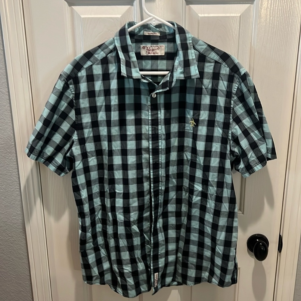 Original Penguin Short Sleeved Button Down Light Blue Plaid XL Shirt